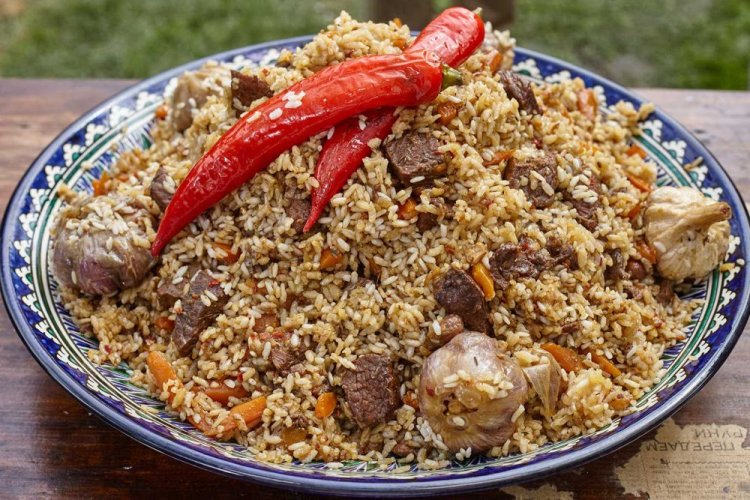 Scharfer Plov mit Rindfleisch und trockener Adschika im Kasan