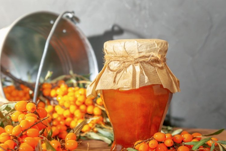 Bernsteinfarbene Sanddornmarmelade mit Orangensaft