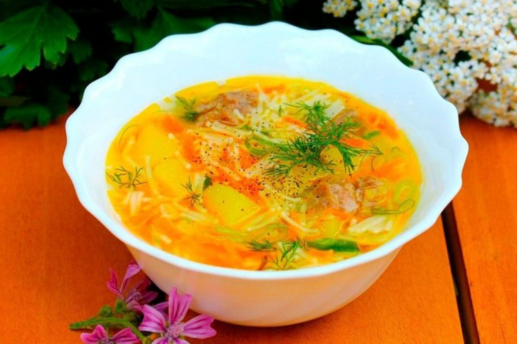 Sopa con carne enlatada y fideos