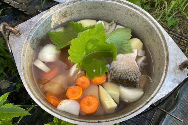 Kabeljau-Fischsuppe mit Weinblättern am Lagerfeuer