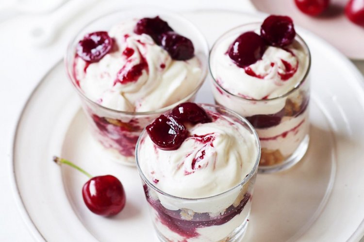 Cottage Cheese and Cream Dessert with Cherries and Savoiardi