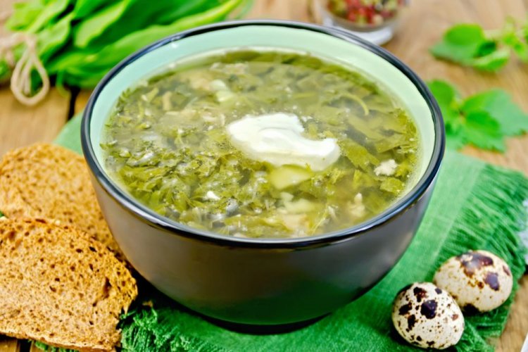 Green Nettle and Sorrel Soup with Quail Eggs
