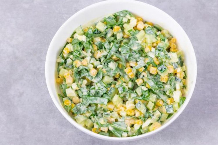Egg, Corn, Cucumber, and Sorrel Salad