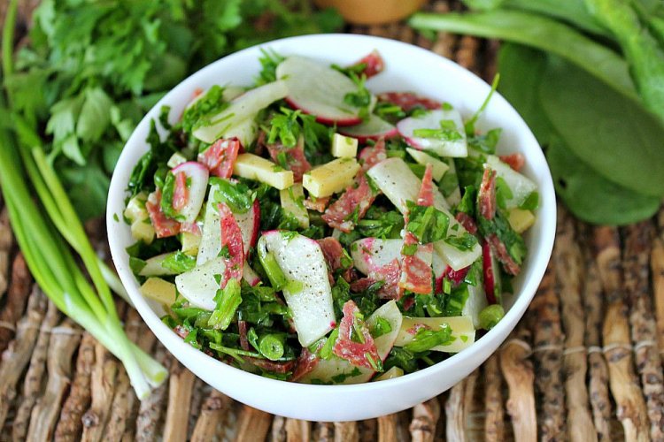 Sausage, Apple, Radish, and Sorrel Salad