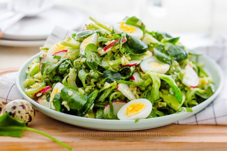 Rice Salad with Quail Eggs, Radish, and Fresh Herbs