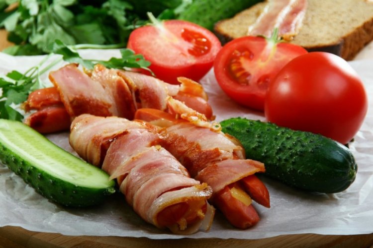 Sausages with Cheese and Bacon in the Oven