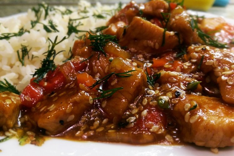 Turkey with Teriyaki Sauce in a Skillet