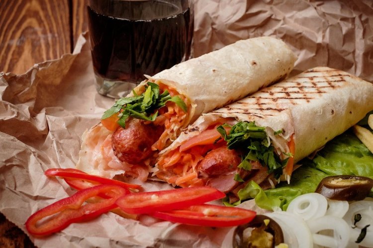 Hot Dog with Cucumbers and Herbs in Lavash