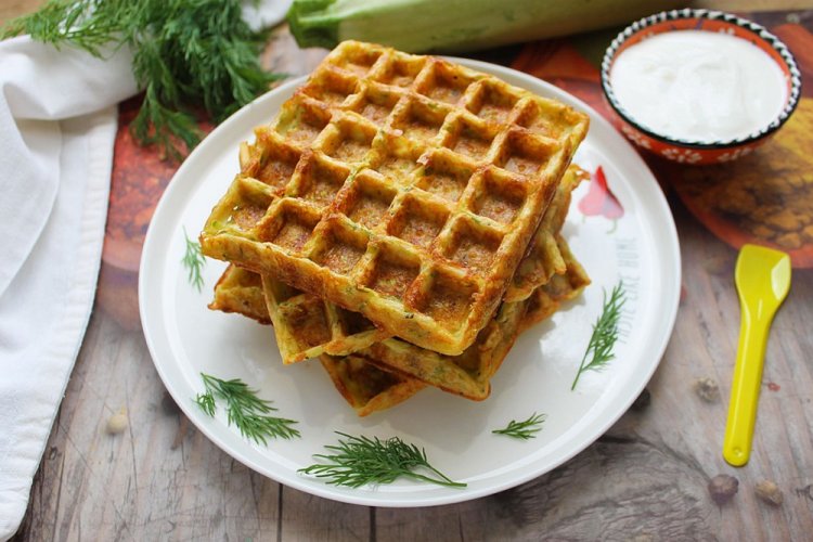 Zucchini Waffles with Sour Cream and Cheese
