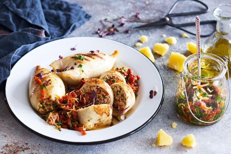 Grilled Squid with Minced Meat, Cheese, and Vegetables