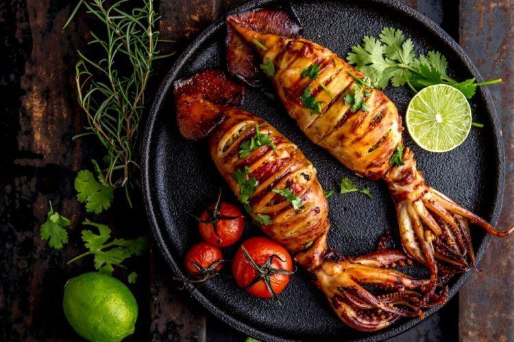 Grilled Squid Stuffed with Shrimp, Cheese, and Tomatoes