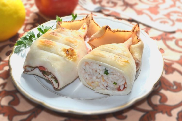 Grilled Squid Stuffed with Rice and Vegetables