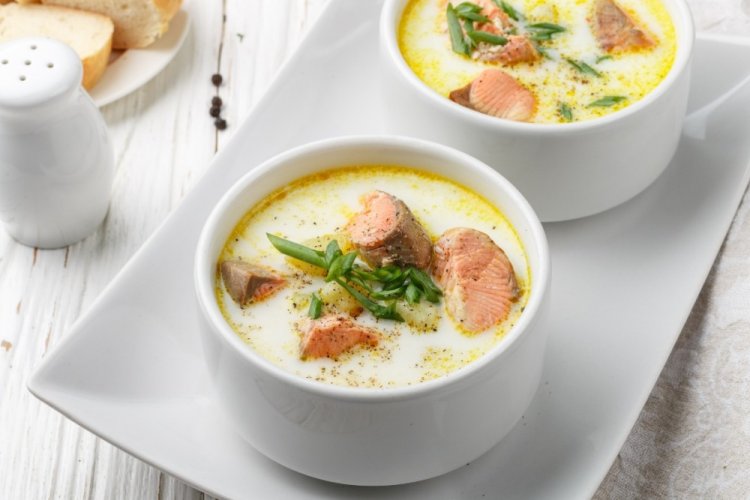 Mozzarella Cheese Soup with Salmon