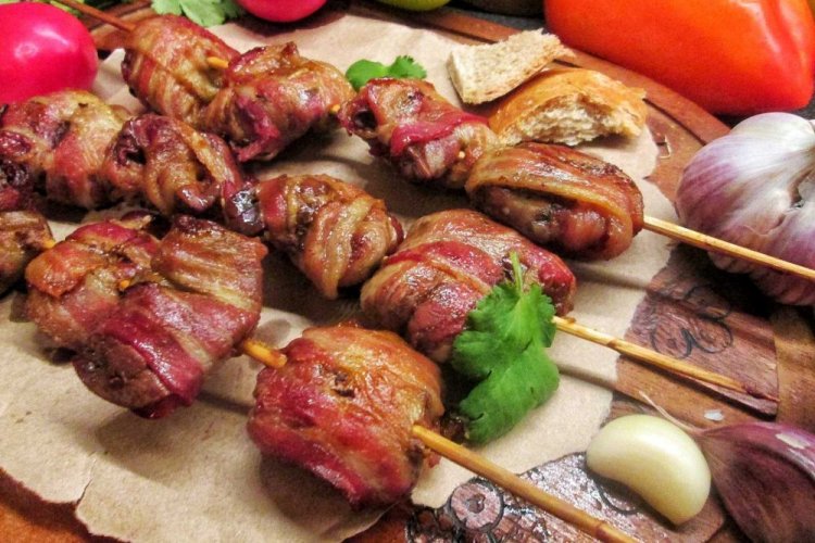 Beef Liver Skewers with Bacon and Mustard