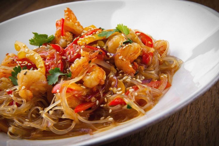 Funchoza with Shrimp and Mushrooms