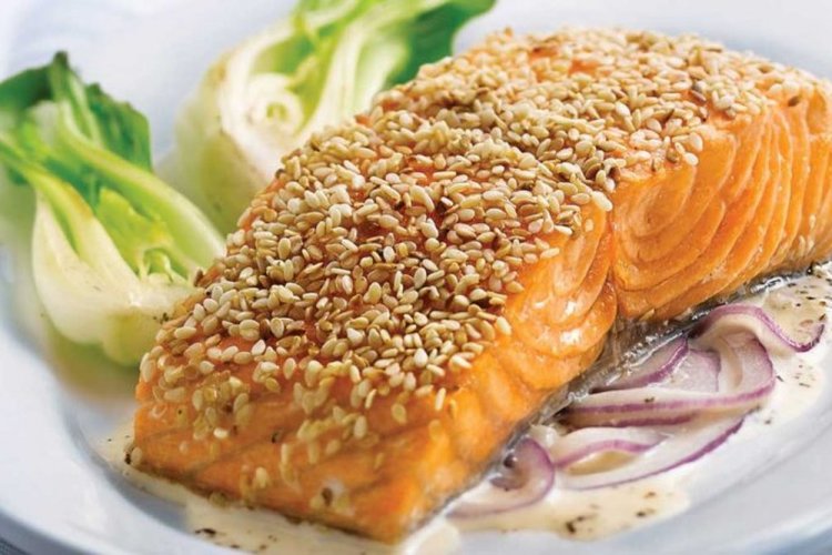 Chum Salmon Steaks with Mustard and Sesame in the Oven