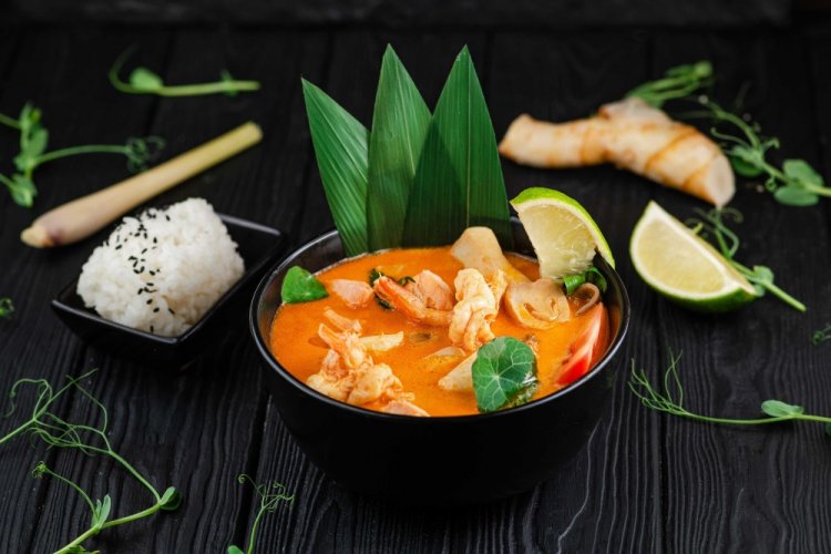 Tom Yum with Salmon and Seafood