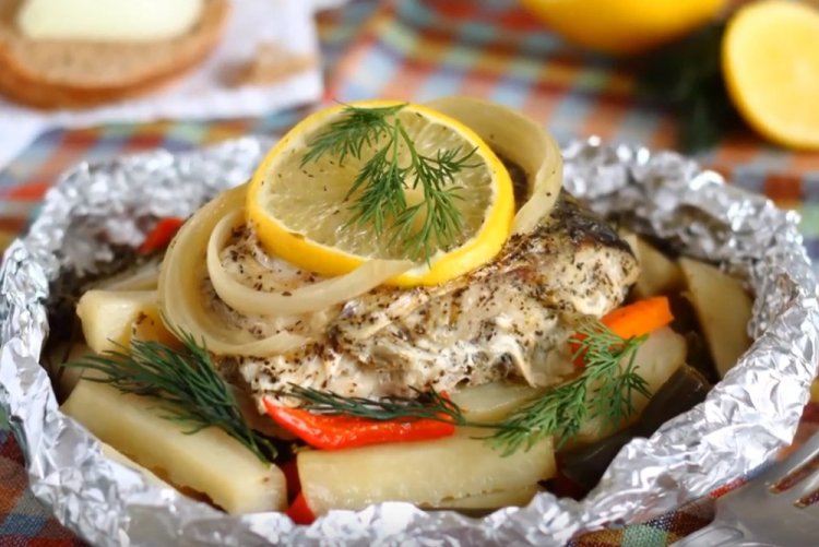 Baked Wolffish Steaks with Vegetables in the Oven