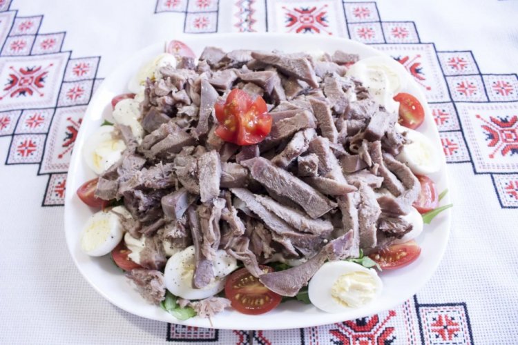 Pork Tongue Salad with Tomatoes and Quail Eggs