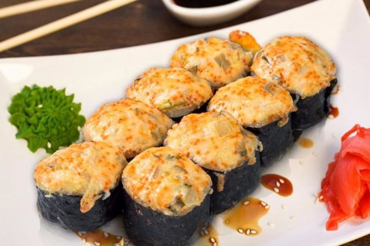 Baked Rolls with Trout, Tobiko Roe, and Cucumber