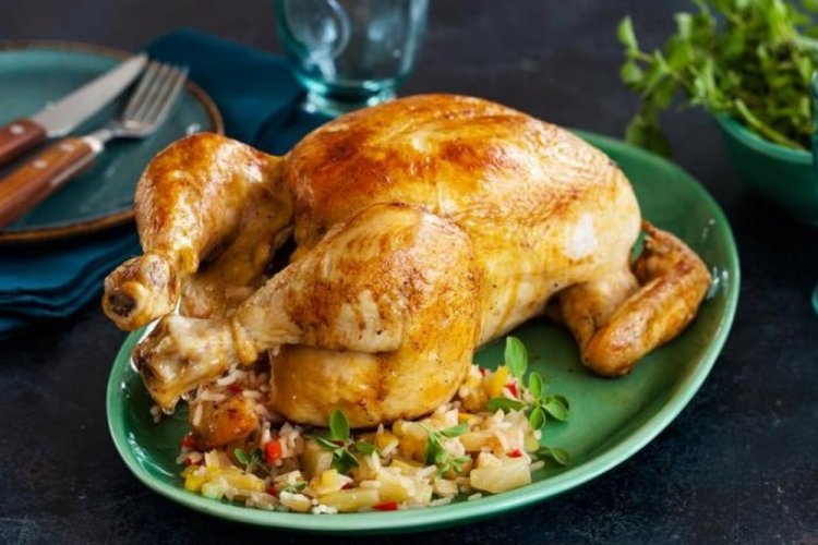 Chicken Baked with Pineapple, Rice, and Onions