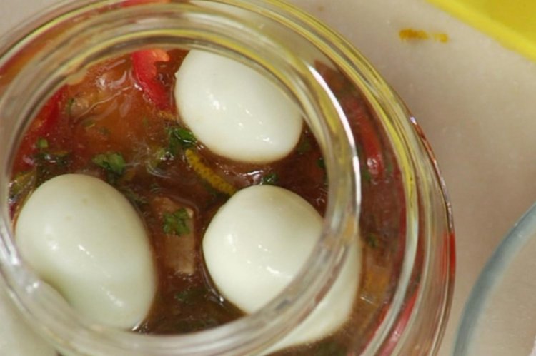 Pickled Quail Eggs with Adjika and Olive Oil