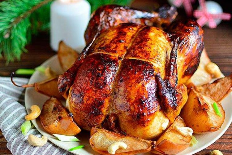 Pollo relleno de peras