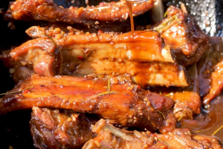 Pork Ribs in Dark Beer in a Kazan
