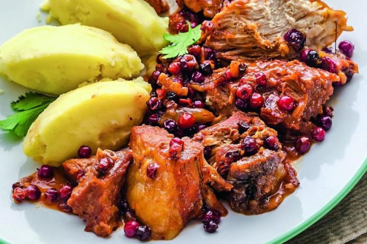 Pork with Cranberries in a Pan