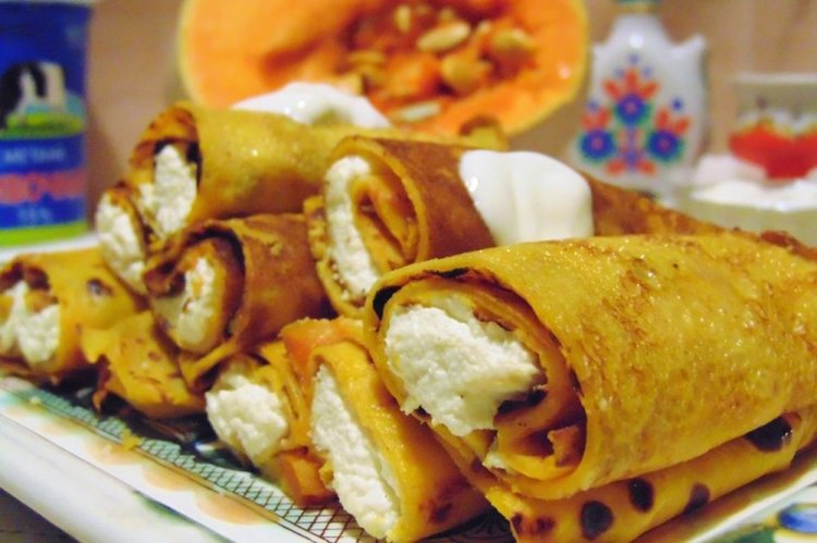 Pumpkin Pancakes with Cottage Cheese Filling