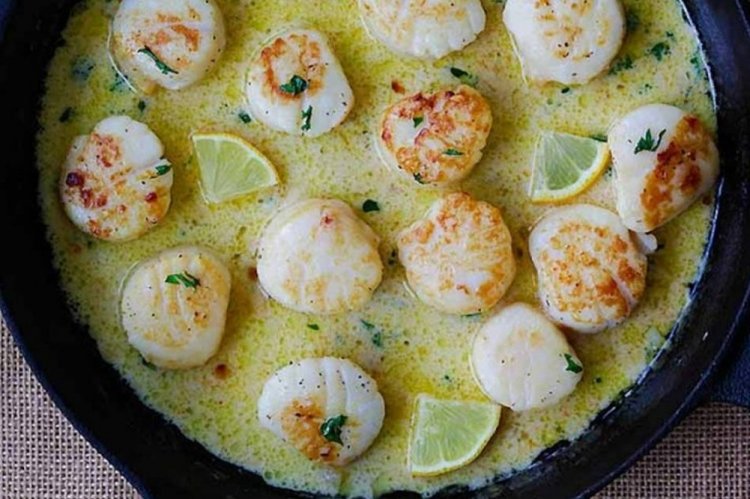 Vieiras en salsa cremosa con vino blanco
