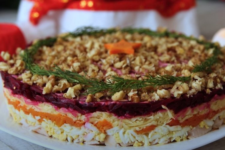 Layered Chicken Breast, Beetroot, and Nut Salad