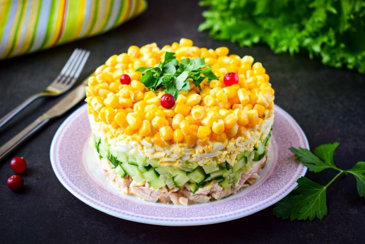 Layered Chicken Breast, Cucumber, and Corn Salad