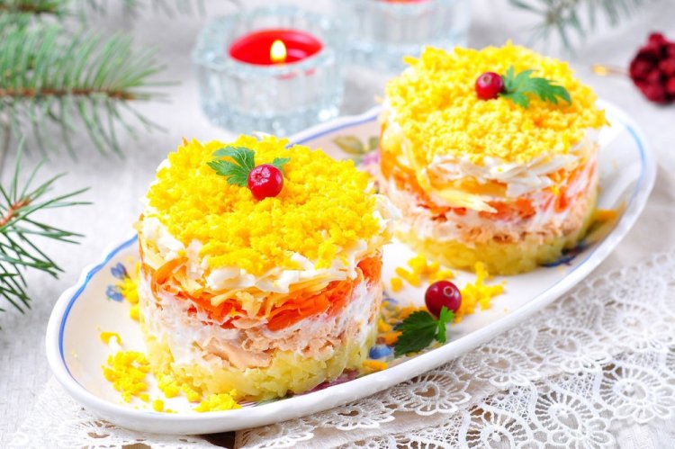 Layered Mimosa Salad with Red Fish