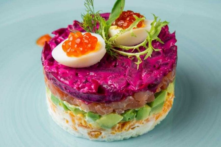Layered Red Fish, Avocado, and Beetroot Salad
