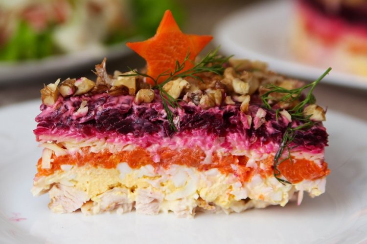 Layered Salad with Smoked Chicken and Beets