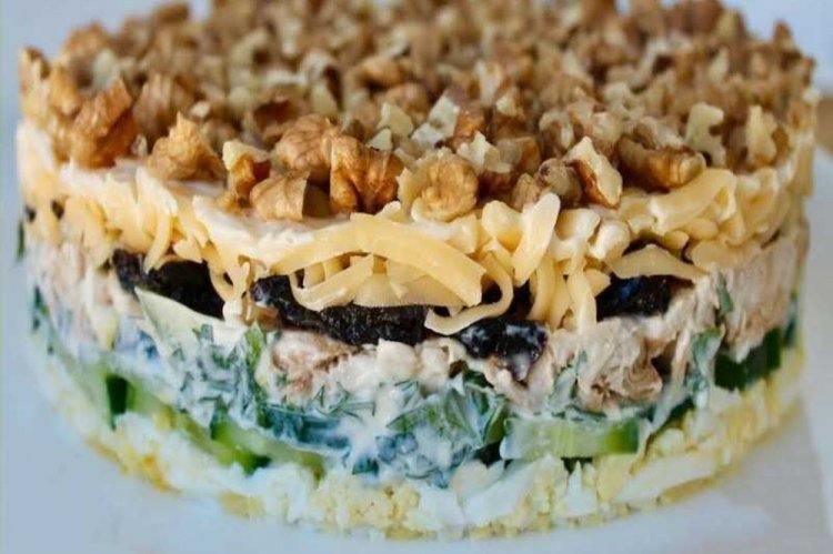Layered Salad with Smoked Chicken and Pickled Cucumbers