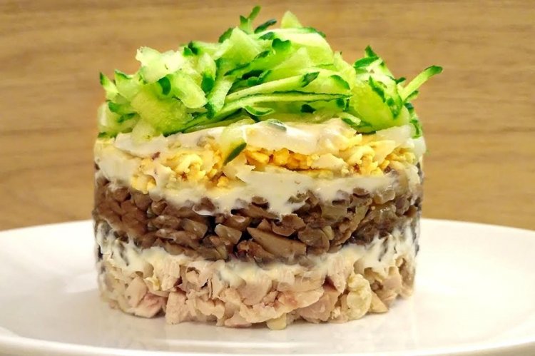 Layered Salad with Smoked Chicken, Mushrooms, and Pickled Cucumbers