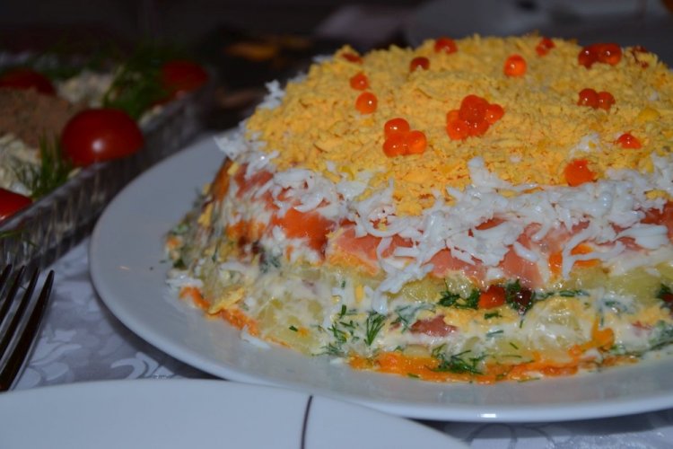 Layered Salad with Potatoes, Eggs, and Red Caviar