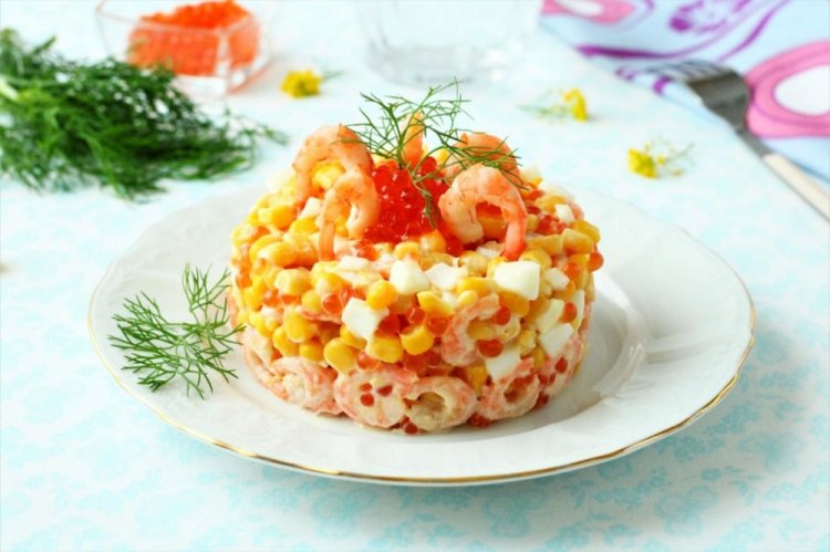 Salad with Red Caviar and Corn
