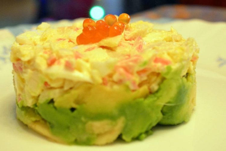 Salad with Avocado, Crab Sticks, and Red Caviar