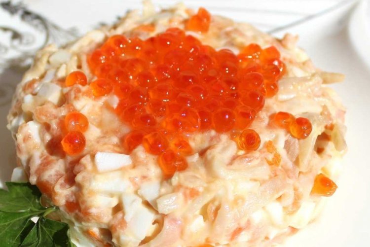 Salad with Rice, Shrimp, and Red Caviar