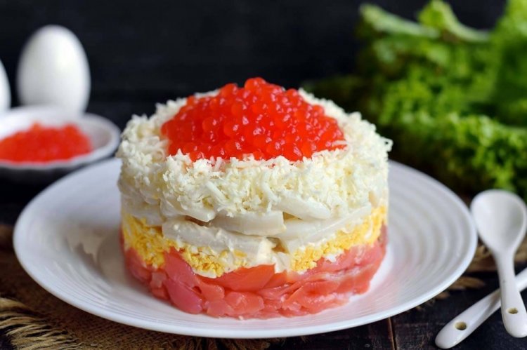 Layered Salad with Calamari, Salmon, and Red Caviar