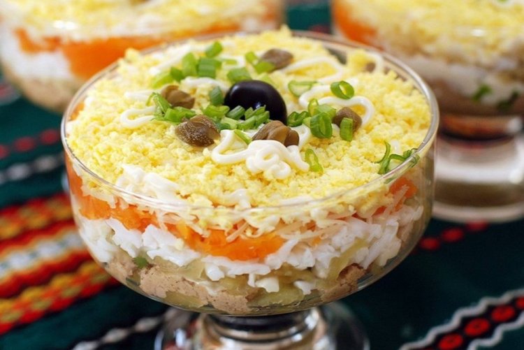 Layered Salad with Pineapple, Eggs, and Carrots