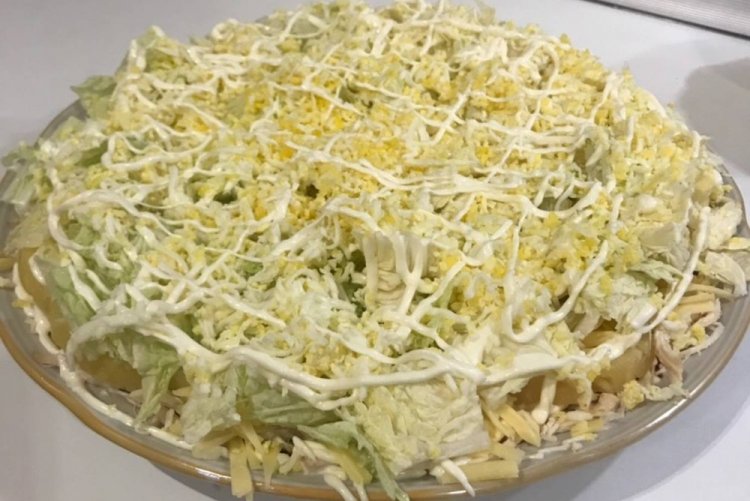 Layered Salad with Pineapple, Smoked Chicken, and Napa Cabbage