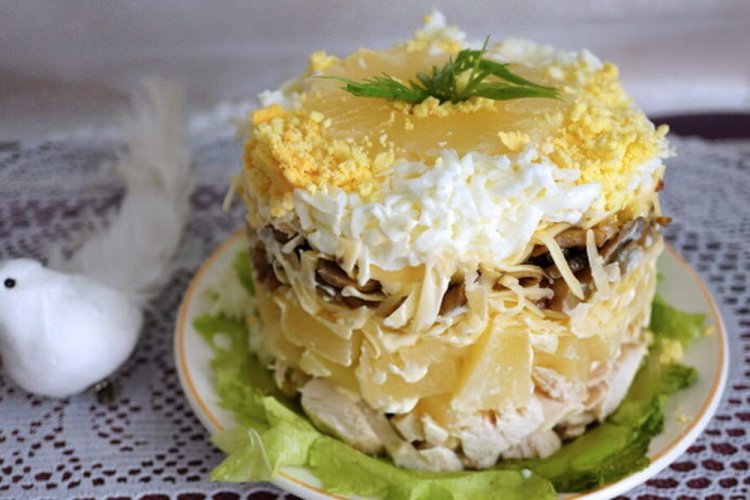 Layered Salad with Smoked Chicken, Pineapple, and Mushrooms