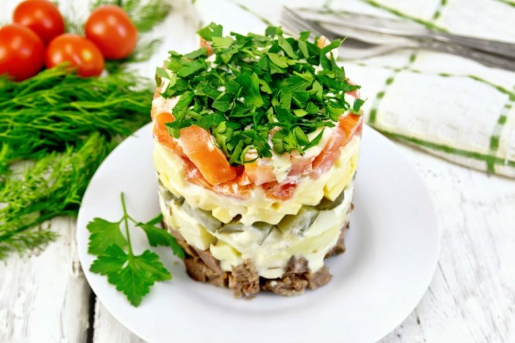 Layered Beef and Pickled Cucumber Salad