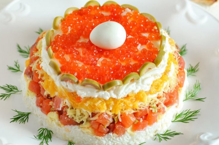 Layered Crab Stick, Shrimp, and Red Fish Salad