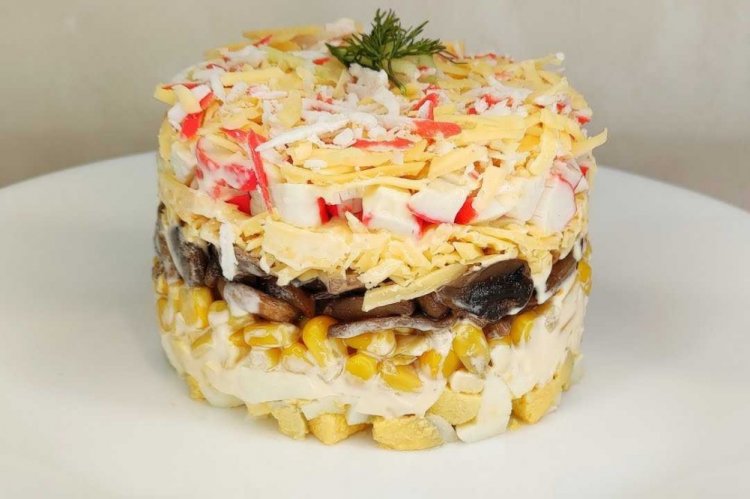 Layered Crab Stick and Pickled Mushroom Salad