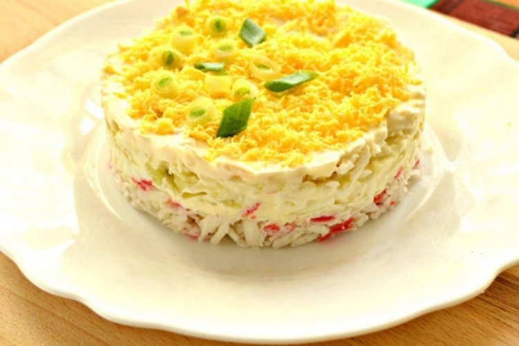 Layered Crab Stick, Pickled Cucumber, and Processed Cheese Salad